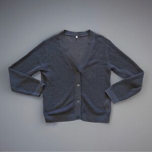 Muji Linen Blend Cardigan Sweater Sz M Womens Blue V Neck Mesh Minimal Open Knit